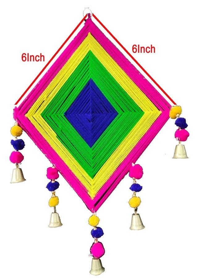 3A Featuretail 6 Inch Handcrafted Decorative Square Kite Bell Hangings Made of Wool for Wall/Door/Window Decoration, Festive or Wedding Hanging Decorative Items (Set of 4pc, Multicolor 6Inch) - Image 2
